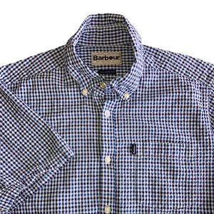 Barbour Shirt Mens Small‎ White Blue Check Tailored Fit Short Sleeve Button Down